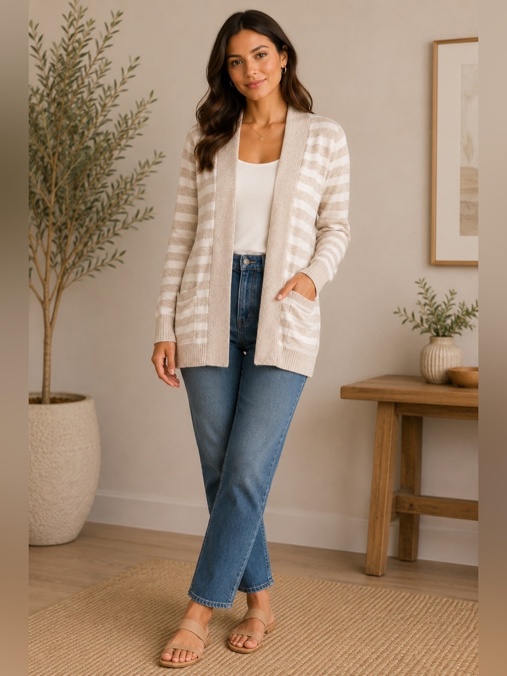 Market & Spruce Beige Cream Striped Open Front Cardigan XS Soft Knit